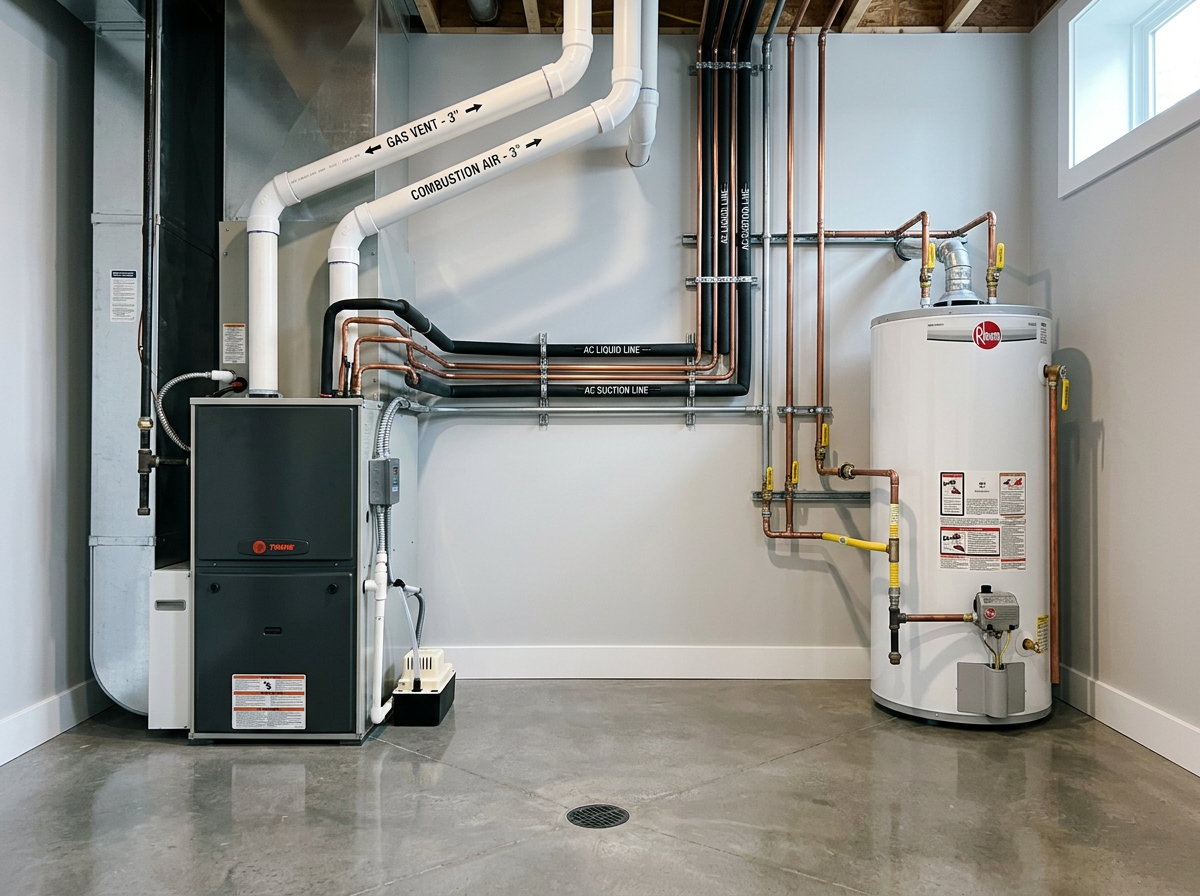 Clean residential mechanical room with high-efficiency furnace and labeled lines