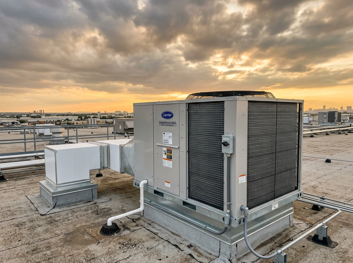Single high-efficiency rooftop HVAC unit at sunset